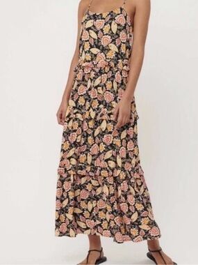 LOFT BEACH L Tiered Swing Maxi Dress Black Yellow Floral Sundress